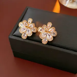 Flower Stud Earrings With Silver Earring Post Shiny Cubic Zirconia Teardrop Petal Copper Jewelry For Women Luxury Chic
