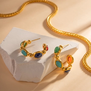 18k gold plated stainless steel C-shaped hoop earrings with colorful natural stones