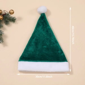 Detail of green plush Christmas hat with 40x30cm dimensions and soft white trim