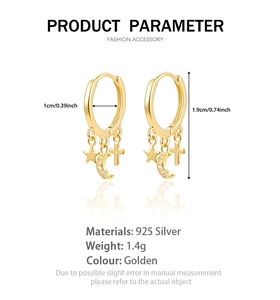 Detailed view of S925 silver star, moon and cross charms with dimensions and weight info