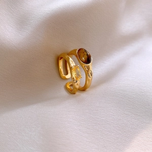 Vintage 18k gold plated double-layer open rings with tiger eye stone and zircon accents