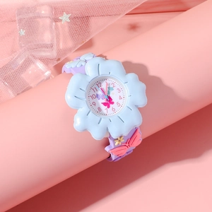 Detailed view of kids butterfly watch with blue floral dial and 3D embossed strap