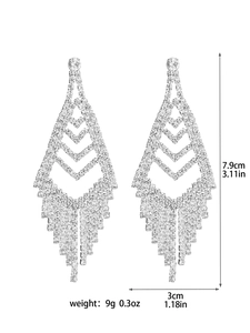 Detailed size view of silver rhinestone tassel earrings featuring 7.9cm length measurements