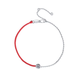 Red woven string and S925 sterling silver chain bracelet with a round moissanite stone