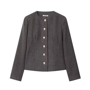Women's dark grey tweed jacket with a round neck and gold buttons on a white background