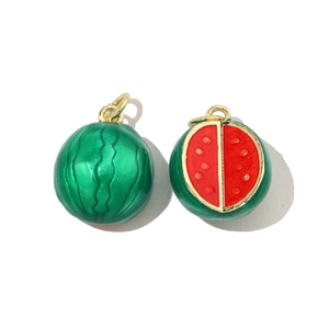 Detailed view of watermelon charm with green skin and red pulp for DIY jewelry making