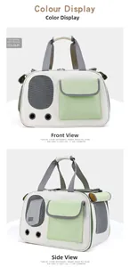 Detail of pet carrier bag showing breathable mesh window and side storage pocket
