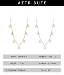 Detail showing S925 sterling silver necklace with CZ stones and product specifications