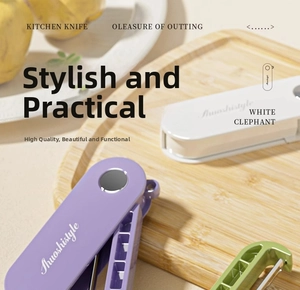 Foldable kitchen peeler and knife set in vibrant colors on a wooden cutting board
