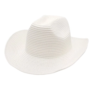 White woven cowboy hat with upturned brim and wide crown for summer sun protection
