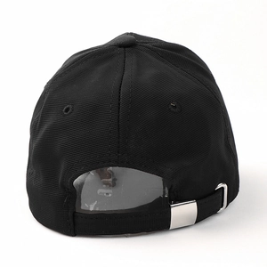 Rear view of black baseball cap with fine ribbed texture and silver metal adjustment buckle