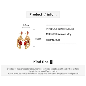 Detailed dimensions of horse head drop earrings with red rhinestones, 2.6cm by 8.7cm size