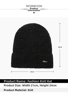 Detailed dimensions of the black knitted beanie showing 21cm width and 24cm height