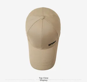 Top view of a khaki baseball cap featuring black SPORT embroidery and stitching detail