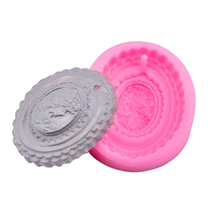 Oval silicone mold for fondue cake and gypsum pendants with vintage lady relief design
