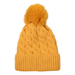Mustard yellow cable-knit beanie with a fluffy faux fur pompom and ribbed cuff