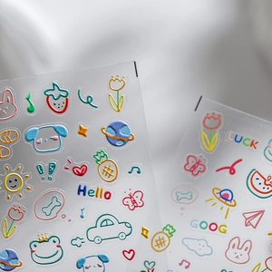 5D embossed cartoon nail art stickers with 3D cute animals and fruits on white fabric