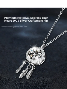 Macro shot of S925 sterling silver dreamcatcher pendant with moissanite and feathers