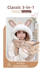 Close-up of 3-in-1 winter set with fluffy plush hood, scarf and paw gloves in camel