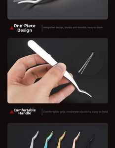 Macro detail of ergonomic stainless steel eyelash tweezers in five metallic finishes