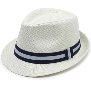 Detail of white woven straw fedora hat featuring a classic navy and gray decorative ribbon
