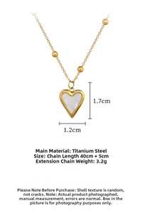 Detail view of heart-shaped titanium steel necklace with shell inlay and size specs
