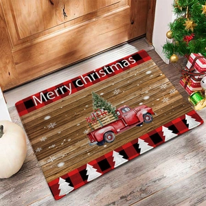 Christmas Door Mat Non-Slip Polyester Red Truck Christmas Tree Wood Grain Buffalo Plaid Floor Rug For Entrance Kitchen