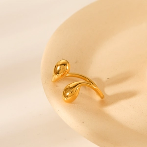 Polished 18K gold stainless steel open ring with double water drop design for women