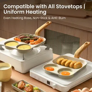3-in-1 non-stick breakfast pan for eggs and steaks with wood-effect heat-insulated handle