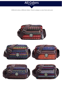 Detailed view of bohemian striped canvas crossbody bags with multiple zipper compartments