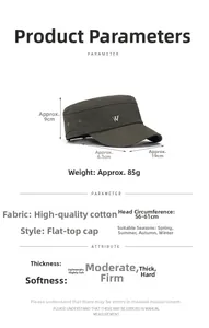 Detailed size specifications for olive green cotton military flat top hat for men