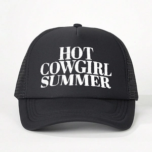 Black Hot Cowgirl Summer trucker hat with white embroidery and mesh back