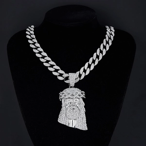 Jesus Head Pendant Necklace Alloy Rhinestone Iced Out Cuban Chain Hip Hop Religious Jewelry For Men Women Punk Style