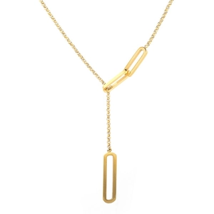 Minimalist gold Y-shaped lariat necklace with hollow rectangular pendants in paperclip style