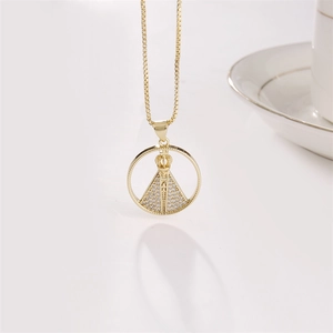 Hip hop style round pendant necklace with crown design and pavé zircon stones in gold finish
