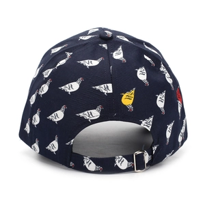 Rear view of a navy baseball cap with colorful pigeon prints and metal adjustment buckle