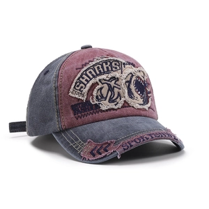 Distressed vintage baseball cap with shark embroidery and color block design