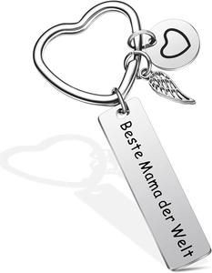 Close-up of stainless steel keychain with Beste Mama der Welt engraving and wing charm