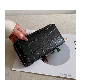 Classic black crocodile pattern long leather wallet for women with golden zipper closure