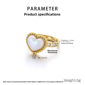 Detailed parameter chart for heart ring with shell and rhinestone inlay in stainless steel