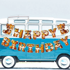 Tiger theme Happy Birthday banner with cartoon animals hanging on a blue vintage van