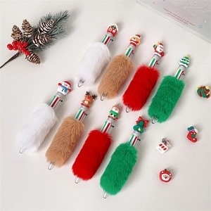 Plush Christmas multi-color ballpoint pen with festive Santa and reindeer cartoon toppers