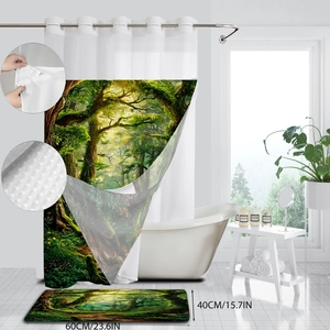 Forest theme waffle weave shower curtain set with matching bathroom rug and rings
