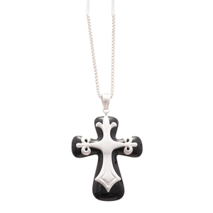 Gothic style black and silver resin cross pendant necklace with elegant box chain for women