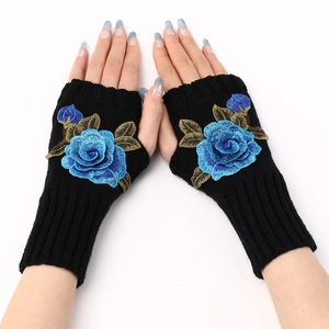Women's black knit fingerless gloves with elegant blue rose floral embroidery