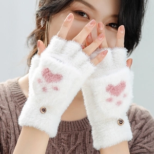 Cat Paw Plush Fingerless Gloves Faux Fur Convertible Flip Top Winter Warm Mittens For Women Girls