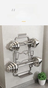 Macro view of wall-mounted metal kitchen rack showing strong load-bearing capacity with weights