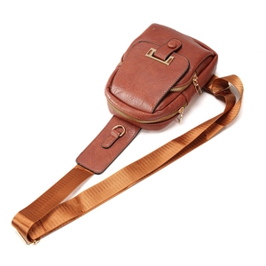 Vintage brown PU leather crossbody chest bag with adjustable strap and gold hardware