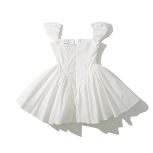 Elegant white square neck mini dress with ruffled sleeves and tiered mesh puff skirt