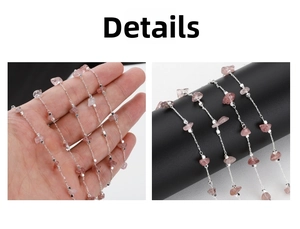Detail view of silver chain with irregular pink quartz stones on a display stand